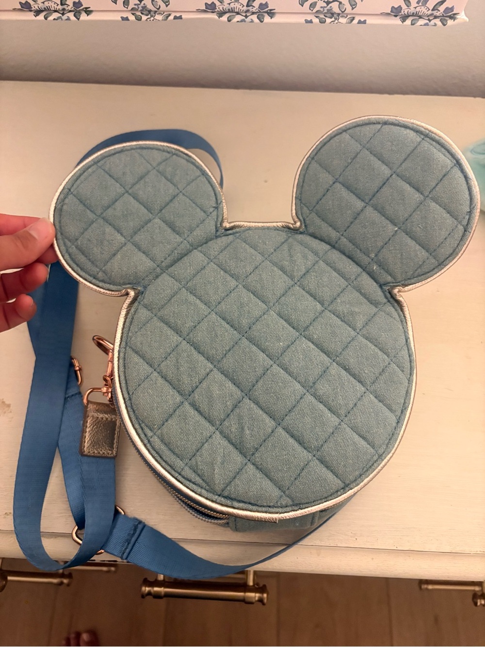 Quilted Mouse Ear Crossbody Bag in Light Blue